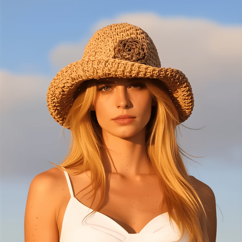 Bucket Hat Straw - Topi Jerami Pantai Wanita Bohemian Bermotif